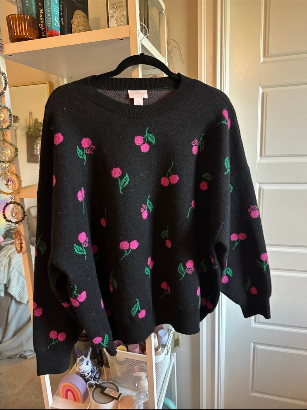 PINK Victoria's Secret Black Crewneck Sweater with Pink Cherry Print - Size XL